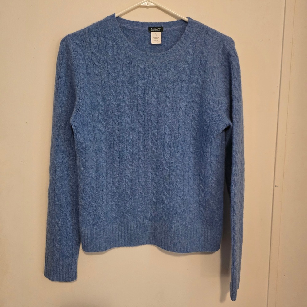 J Crew Womens Cable Knit Lambswool Rabbit Hair Sweater Size Medium Blue Preppy